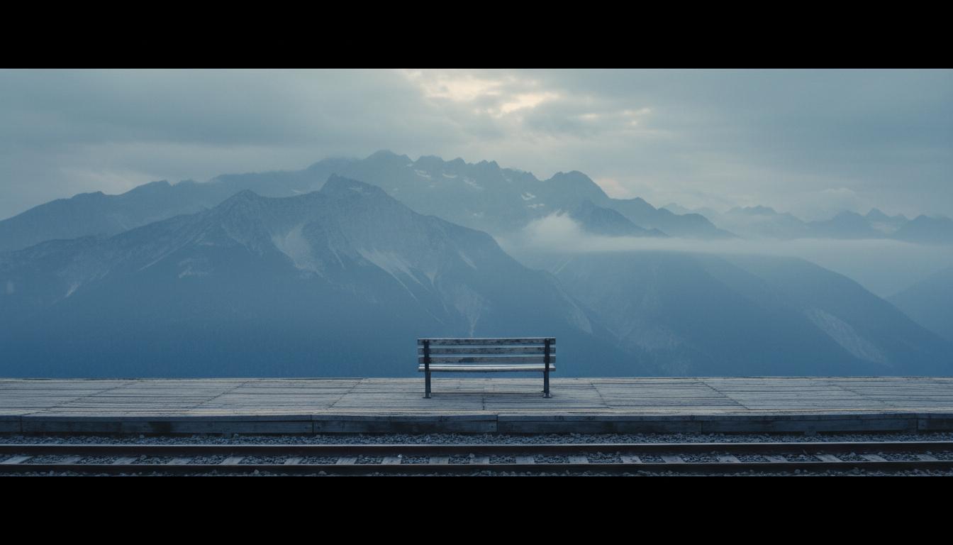 高地駅のプラットフォームから見る朝靄の山並み