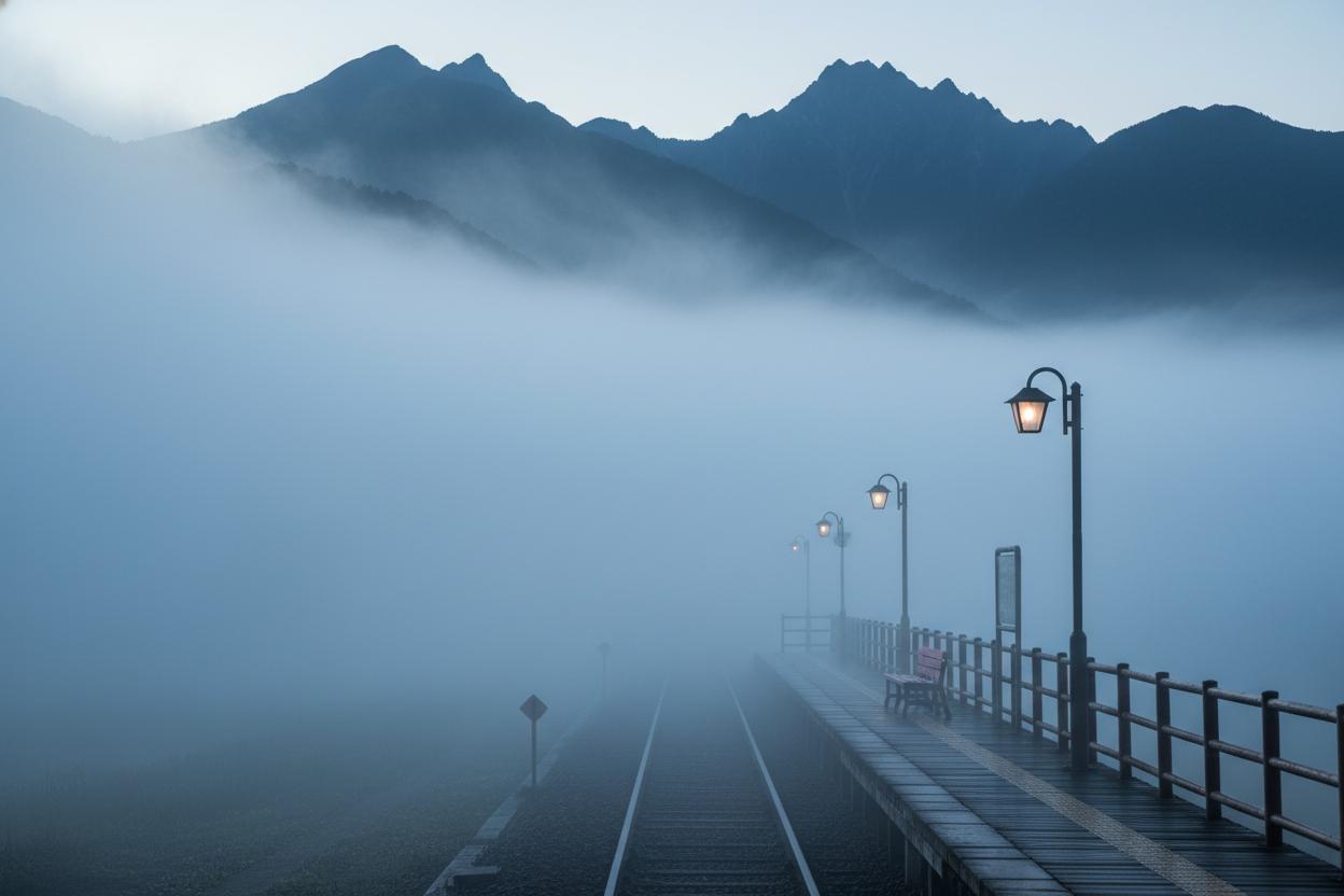 霧里駅の朝靄に包まれたプラットフォーム